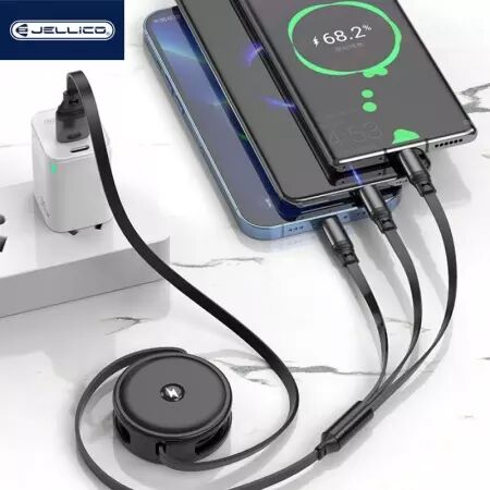 Cable enrouleur USB 3 en 1 (USB-C/Type C, Lightning, Micro USB) JELLICO B19 (Boite/BLISTER) blanc