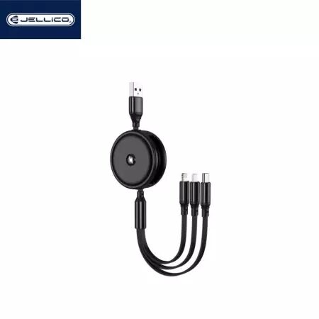 Cable enrouleur USB 3 en 1 (USB-C/Type C, Lightning, Micro USB) JELLICO B19 (Boite/BLISTER) blanc