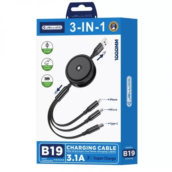 Cable enrouleur USB 3 en 1 (USB-C/Type C, Lightning, Micro USB) JELLICO B19 (Boite/blister) blanc