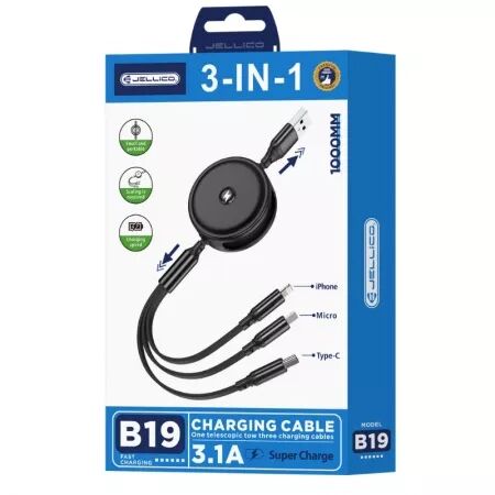 Cable enrouleur USB 3 en 1 (USB-C/Type C, Lightning, Micro USB) JELLICO B19 (Boite/blister) blanc