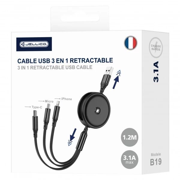 Cable enrouleur Usb 3 en 1 (Usb-C/Type C, Lightning, Micro Usb) JELLICO B19 blanc