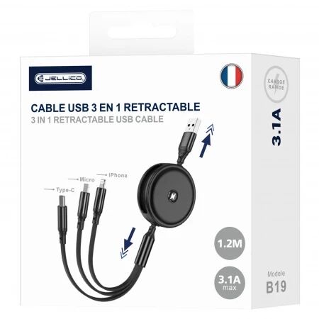 Cable enrouleur Usb 3 en 1 (Usb-C/Type C, Lightning, Micro Usb) JELLICO B19 blanc