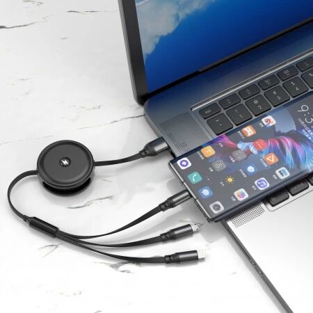 Cable enrouleur Usb 3 en 1 (Usb-C/Type C, Lightning, Micro Usb) JELLICO B19 blanc