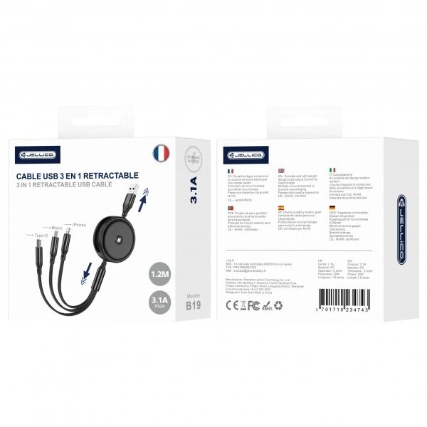 Cable enrouleur Usb 3 en 1 (Usb-C/Type C, Lightning, Micro Usb) JELLICO B19 blanc