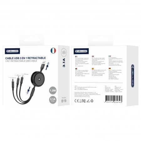 Cable enrouleur Usb 3 en 1 (Usb-C/Type C, Lightning, Micro Usb) JELLICO B19 blanc