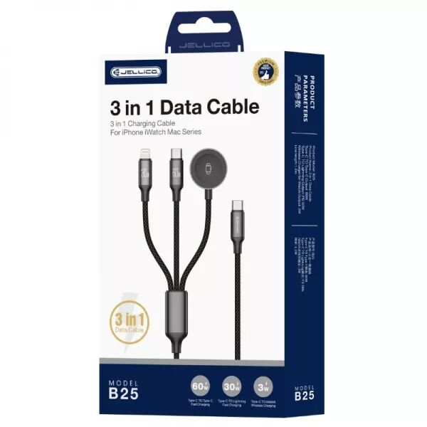 Cable USB 3 en 1 (USB-C/Type C, Lightning, iWatch) JELLICO B25 (Boite/blister) noir