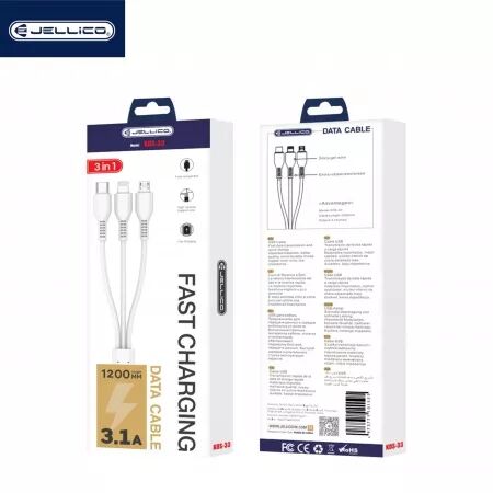 Cable USB 3 en 1 (USB-C/Type C, Lightning, Micro USB) JELLICO KDS-33 (Boite/BLISTER) blanc