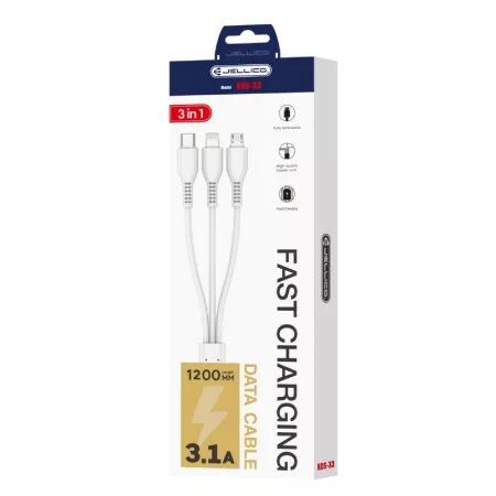 Cable USB 3 en 1 (USB-C/Type C, Lightning, Micro USB) JELLICO KDS-33 (Boite/blister) blanc