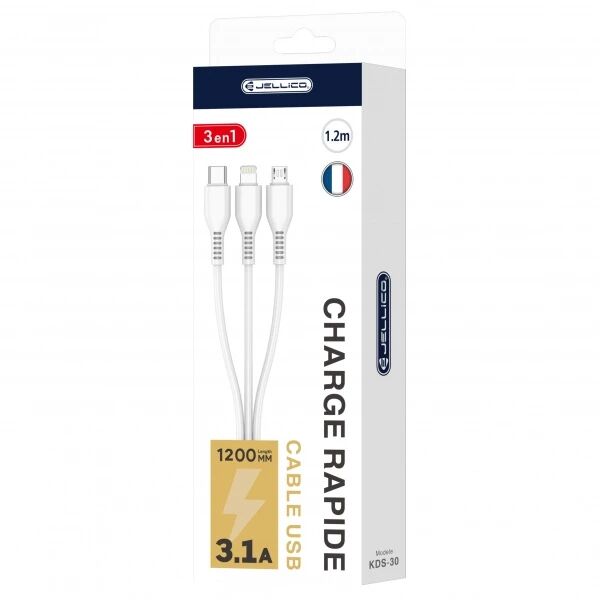 Cable Usb 3 en 1 (Usb-C/Type C, Lightning, Micro Usb) JELLICO KDS-33 blanc