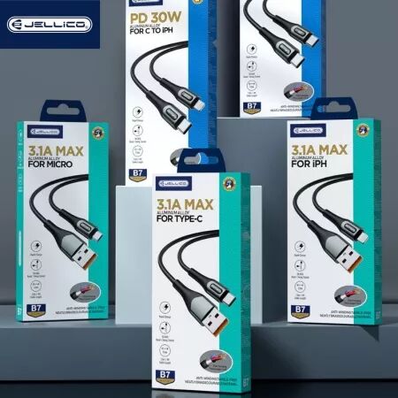 Cable USB-C/Type C vers Lightning (30W) 1 mètre avec embouts en Aluminium JELLICO B7 (Boite/BLISTER) noir