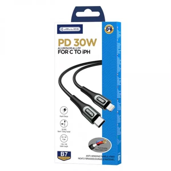 Cable USB-C/Type C vers Lightning (30W) 1 m�tre avec embouts en Aluminium JELLICO B7 (Boite/blister) noir