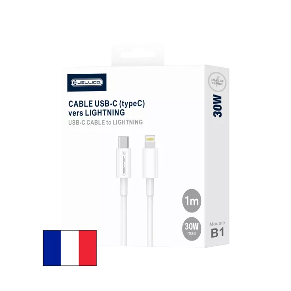 Cable USB-C/Type C vers Lightning (3.1 A) 1 m�tre JELLICO B1 (Boite/blister) blanc