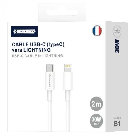 Cable Usb-C/Type C vers Lightning (3.1 A) 2 m&egrave;tres JELLICO B1 blanc
