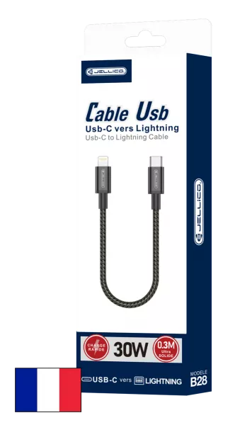 Cable USB-C/Type C vers Lightning (3.1A) 0.3 m�tre JELLICO B28 (Boite/blister) noir
