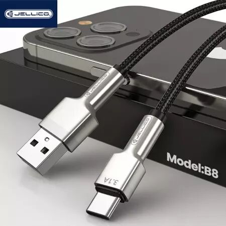 Cable USB-C/Type C vers Lightning (3.1A) 1 mètre avec embouts en Zinc JELLICO B8 (Boite/BLISTER) noir
