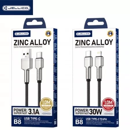 Cable USB-C/Type C vers Lightning (3.1A) 1 mètre avec embouts en Zinc JELLICO B8 (Boite/BLISTER) noir