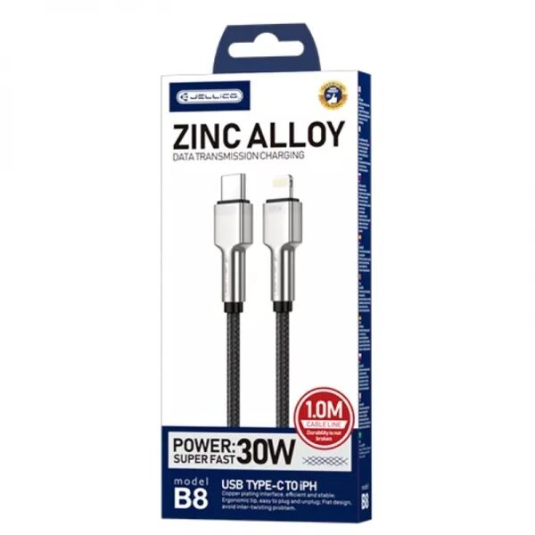 Cable USB-C/Type C vers Lightning (3.1A) 1 m�tre avec embouts en Zinc JELLICO B8 (Boite/blister) noir
