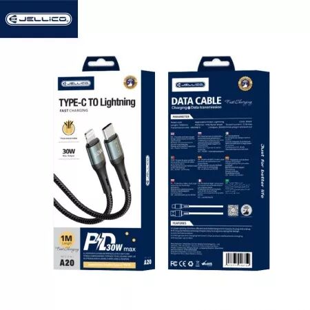 Cable USB-C/Type C vers Lightning (3.1A) 1 mètre en nylon tressé JELLICO A20 (Boite/BLISTER) noir