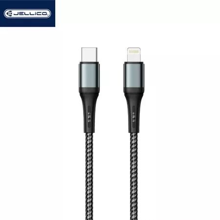 Cable USB-C/Type C vers Lightning (3.1A) 1 mètre en nylon tressé JELLICO A20 (Boite/BLISTER) noir