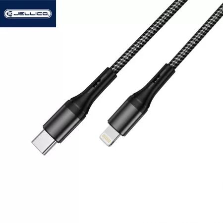 Cable USB-C/Type C vers Lightning (3.1A) 1 mètre en nylon tressé JELLICO A20 (Boite/BLISTER) noir
