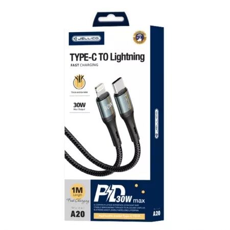 Cable USB-C/Type C vers Lightning (3.1A) 1 mètre en nylon tressé JELLICO A20 (Boite/blister) noir