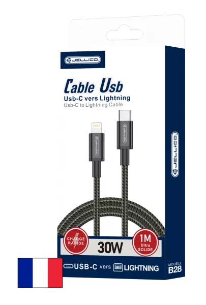 Cable USB-C/Type C vers Lightning (3.1A) 1 m�tre JELLICO B28 (Boite/blister) noir