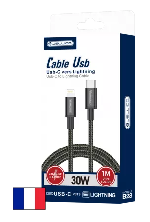 Cable USB-C/Type C vers Lightning (3.1A) 1 m&egrave;tre JELLICO B28 (Boite/blister) noir