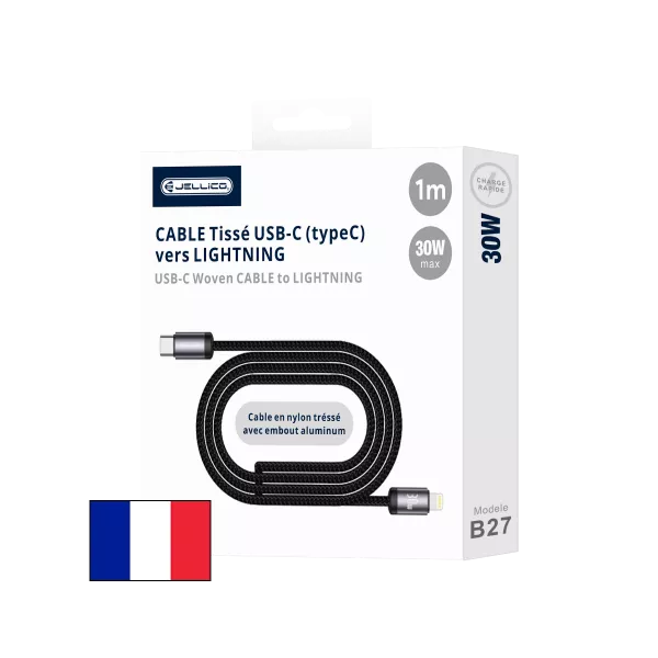 Cable USB-C/Type C vers Lightning (60W) 1 m�tre avec embouts en Aluminium JELLICO B27 (Boite/blister) noir