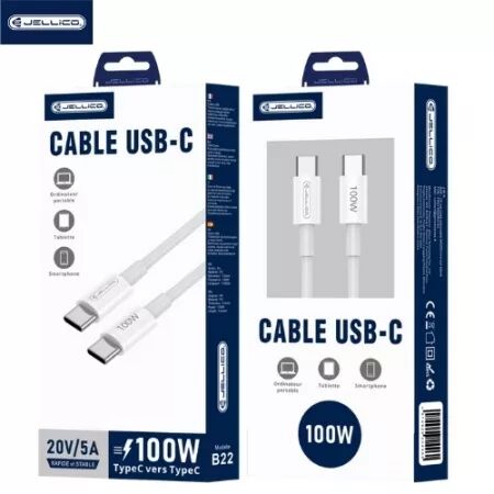 Cable USB-C/Type C vers USB-C/Type C (100W) 1 m&egrave;tre JELLICO B22 (Boite/blister) blanc