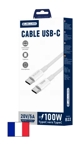 Cable USB-C/Type C vers USB-C/Type C (100W) 1 m&egrave;tre JELLICO B22 (Boite/blister) blanc