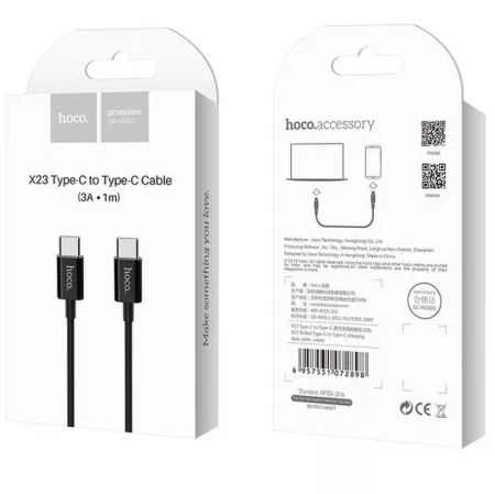 Cable USB-C/Type C vers USB-C/Type C (3.0A) 1 m&egrave;tre HOCO X23 (Boite/BLISTER) noir