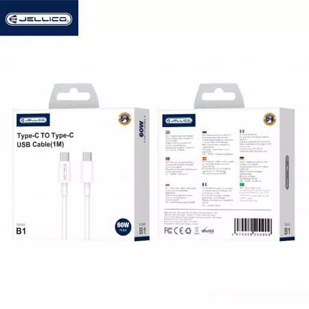 Cable USB-C/Type C vers USB-C/Type C (3.1A) 1 m&egrave;tre JELLICO B1 (Boite/BLISTER) blanc