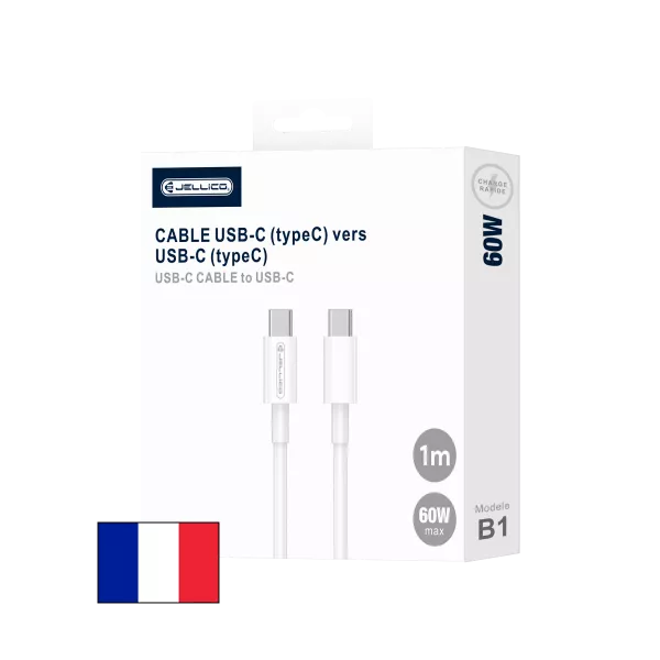 Cable USB-C/Type C vers USB-C/Type C (3.1A) 1 m�tre JELLICO B1 (Boite/blister) blanc