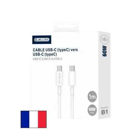 Cable USB-C/Type C vers USB-C/Type C (3.1A) 1 m&egrave;tre JELLICO B1 (Boite/blister) blanc