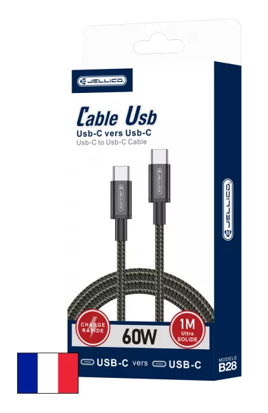 Cable USB-C/Type C vers USB-C/Type C (3.1A) 1 m�tre JELLICO B28 (Boite/blister) noir
