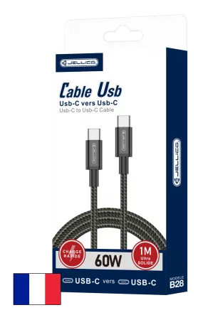 Cable USB-C/Type C vers USB-C/Type C (3.1A) 1 mètre JELLICO B28 (Boite/blister) noir