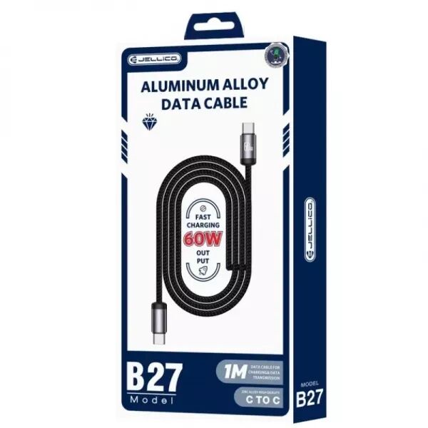 Cable USB-C/Type C vers USB-C/Type C (60W) 1 m�tre avec embouts en Aluminium JELLICO B27 (Boite/blister) noir