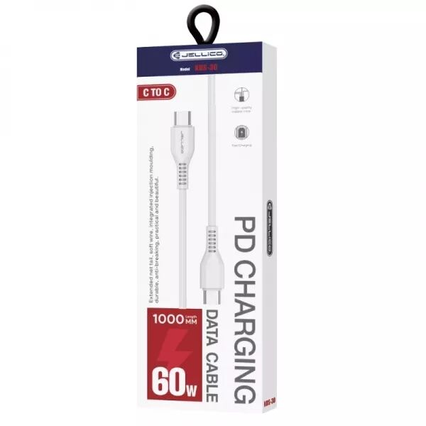Cable USB-C/Type C vers USB-C/Type C (60W) 1 m�tre JELLICO KDS-30 (Boite/blister) blanc