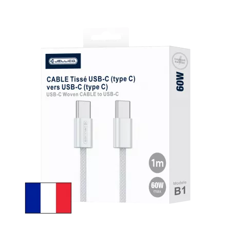 Cable USB-C/Type C vers USB-C/Type C iPhone 15 (60w) 1 mètre JELLICO (Boite/blister) blanc