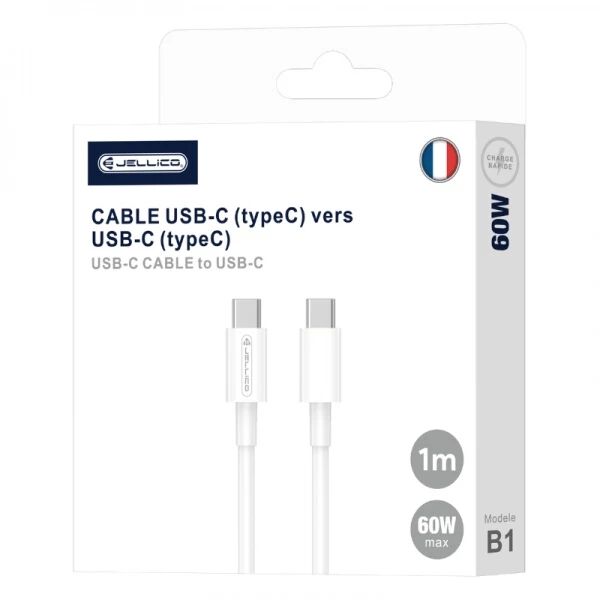 Cable Usb-C/Type C vers Usb-C/Type C iPhone 15 (60w) 1 m�tre JELLICO B1 blanc