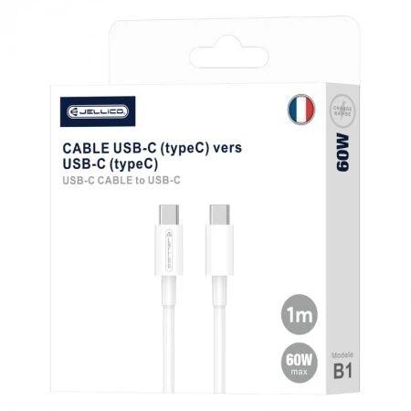 Cable Usb-C/Type C vers Usb-C/Type C iPhone 15 (60w) 1 m&egrave;tre JELLICO B1 blanc