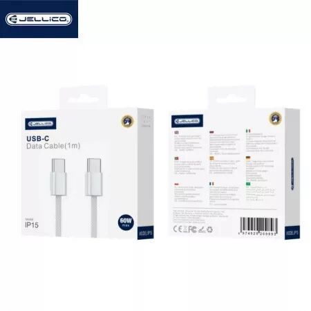 Cable USB-C/Type C vers USB-C/Type C pour iPhone 15 (60w) 1 mètre JELLICO (Boite/BLISTER) blanc