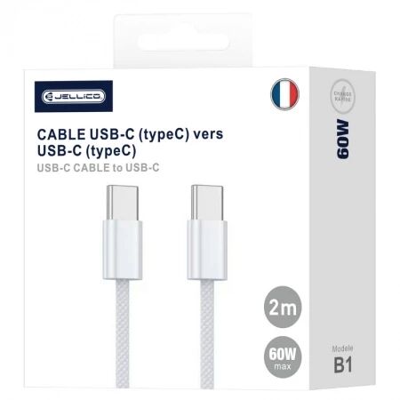 Cable Usb-C vers USB-C/Type C (60W) 2 m&egrave;tres en nylon tress&eacute; JELLICO IP5 blanc