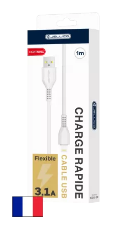 Cable Usb vers Lightning (3.1 A) 1 mètre JELLICO KDS-30 (Boite/blister) blanc