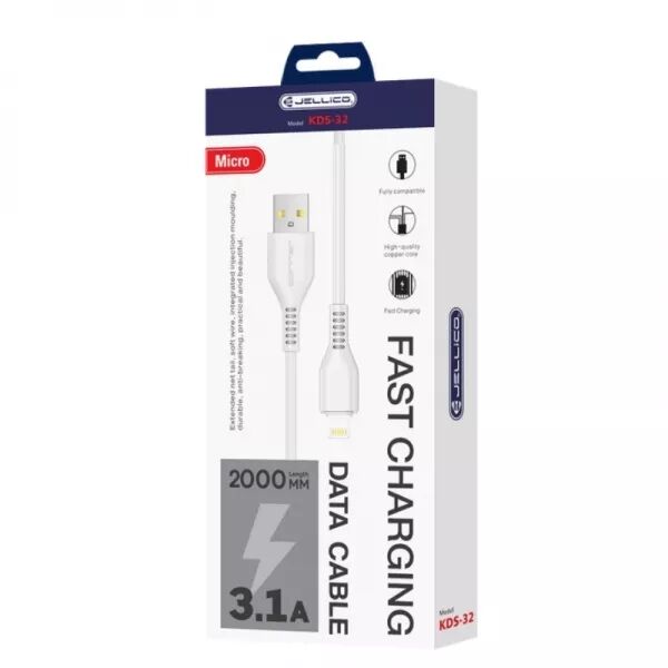 Cable Usb vers Lightning (3.1 A) 2 m�tres JELLICO KDS-32 (Boite/blister) blanc