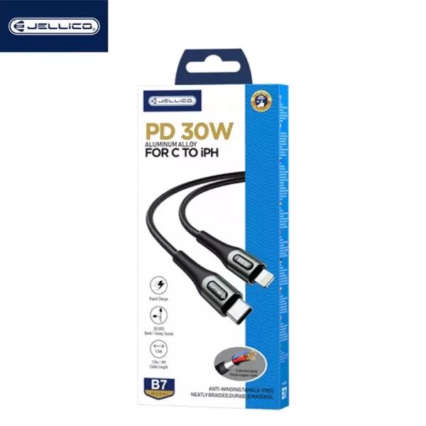 Cable Usb vers Lightning (3.1A) 1 m�tre avec embouts en Alluminium JELLICO B7 (Boite/BLISTER) noir