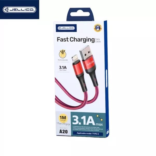 Cable Usb vers Lightning (3.1A) 1 m�tre en nylon tress� JELLICO A20 (Boite/BLISTER) rouge