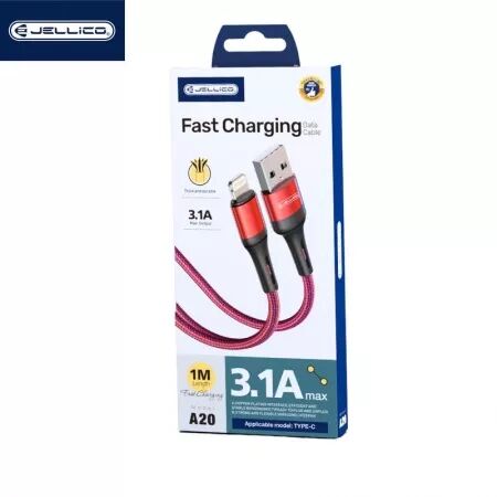 Cable Usb vers Lightning (3.1A) 1 mètre en nylon tressé JELLICO A20 (Boite/BLISTER) rouge