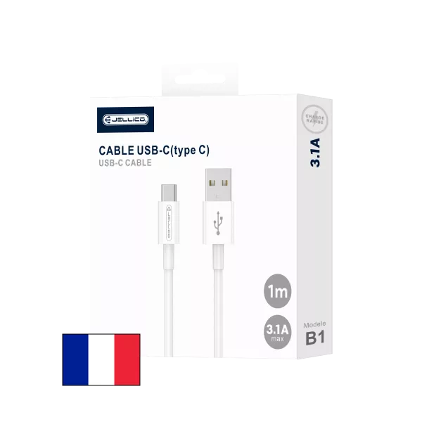 Cable Usb vers USB-C/Type C (3.1 A) 1 m�tre JELLICO B1 (Boite/blister) blanc