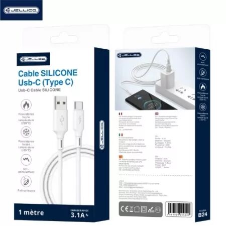 Cable Usb vers USB-C/Type C (3.1 A) 1 mètre JELLICO B24 (Boite/blister) blanc